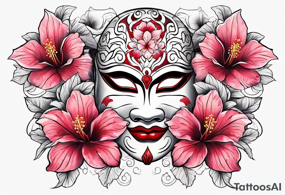 White japanese mask with red accents and pink hibiscus flowers tattoo idea