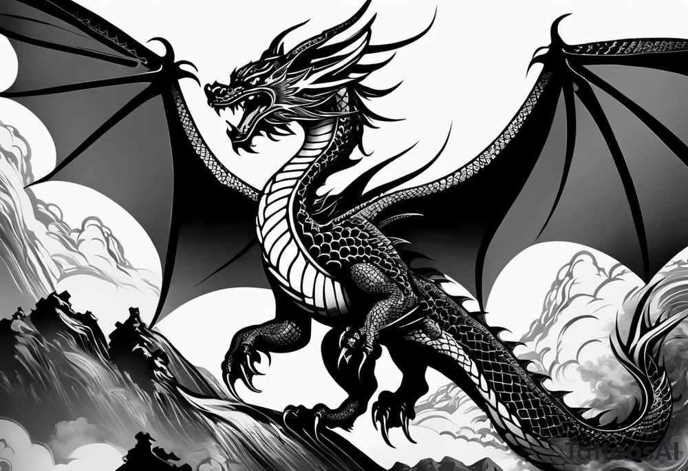 A black and white tattoo design of a flying dragon with spread wings. The dragon is a fusion of Chinese traditional and tribal styles, featuring detailed scales, claws, and a fierce expression.
The wings incorporate bold, sharp tribal patterns, while the body retains traditional Chinese elements like flowing lines and intricate details.
The design is centralized, intended for placement on the forearm, with a symmetrical and powerful appearance. The overall look is balanced with a mix of smooth curves and sharp angles, but just enough detail to ensure proper visibility tattoo idea