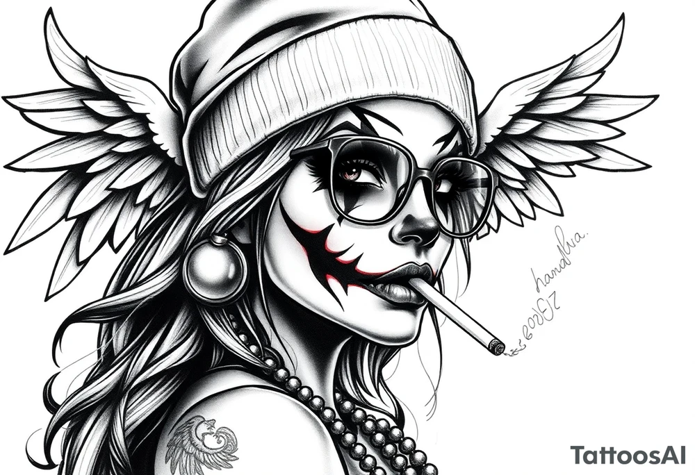 Chicana beautiful long hair clown makeup angel wings thug beanie eyeglasses smoking a cigarette tattoo idea