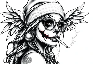 Chicana beautiful long hair clown makeup angel wings thug beanie eyeglasses smoking a cigarette tattoo idea