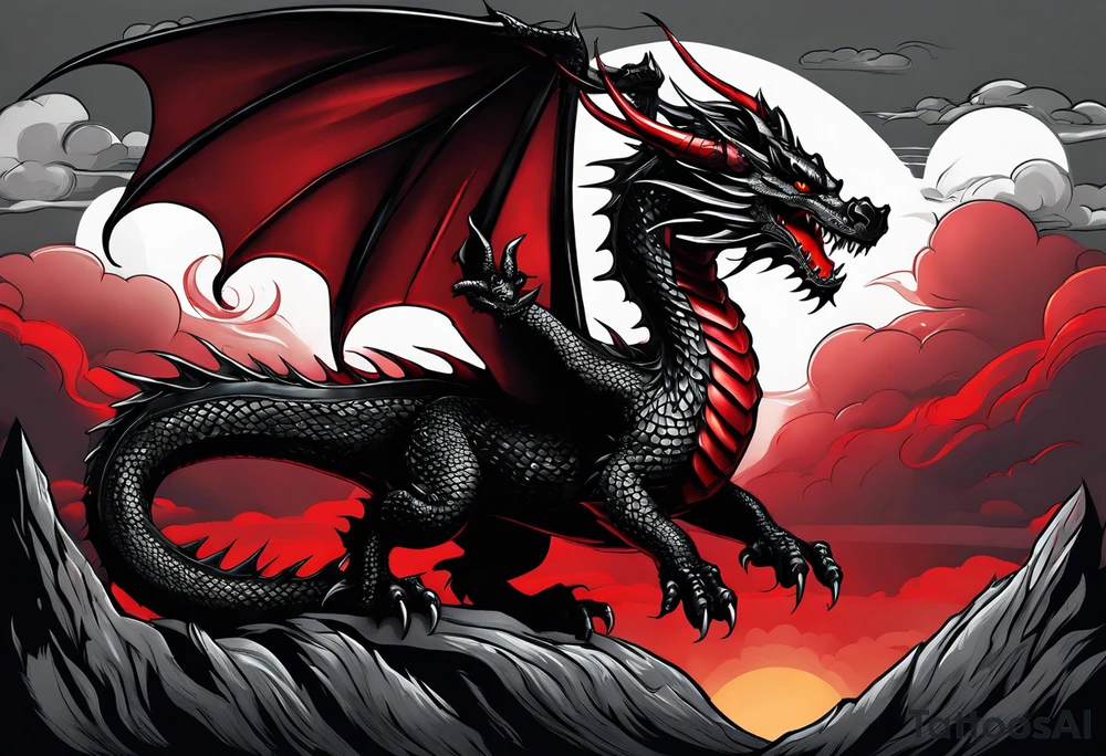 full black dragon with a long tail. Storm in the background. Pops of red. Holding a gem. tattoo idea