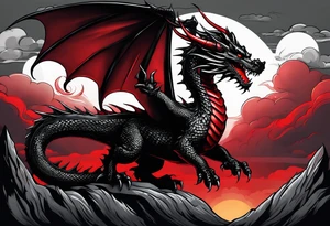 full black dragon with a long tail. Storm in the background. Pops of red. Holding a gem. tattoo idea