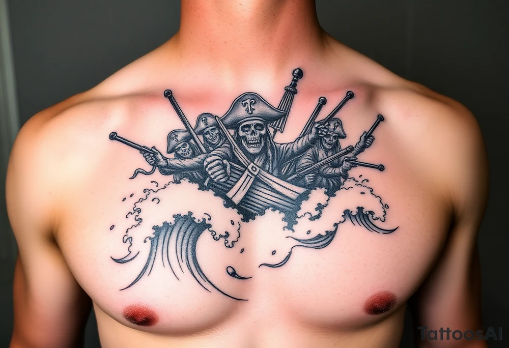 Full color Pirate chest piece with pirate crew charging the shore with weapons drawn as waves crash around them tattoo idea