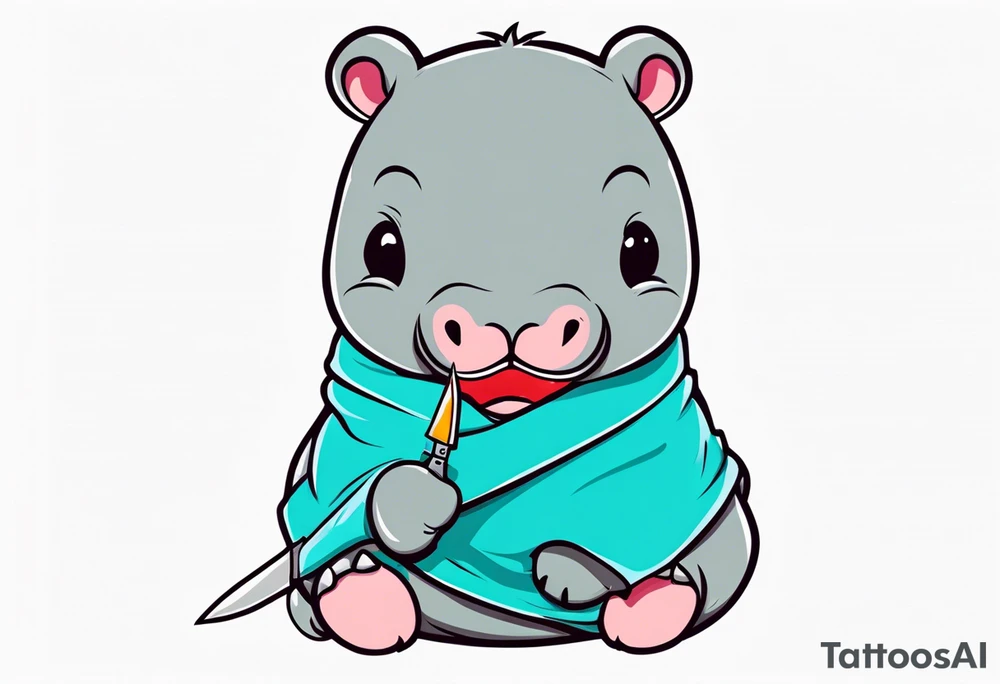 Baby hippopotamus wrapped in a swaddle and holding a knife in its mouth tattoo idea