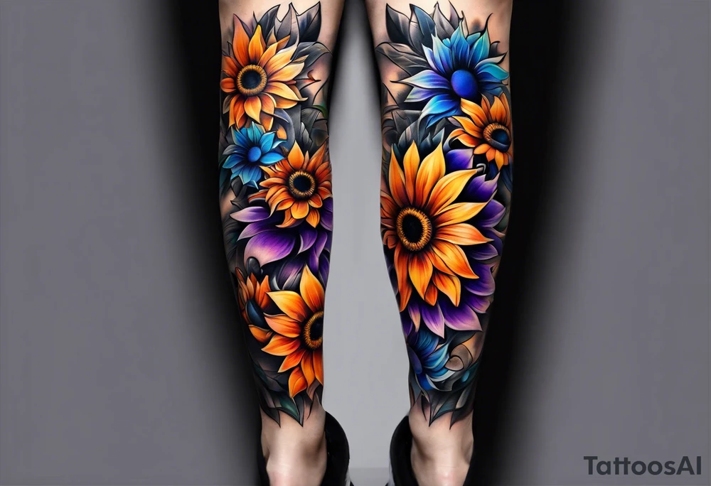 Full leg sleeve with purple, orange and blue sunflowers tattoo idea