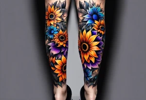 Full leg sleeve with purple, orange and blue sunflowers tattoo idea