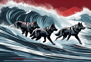 a pack of 3 howling muscular  gray wolves surfing waves with a linear background with red, white and black and gray tattoo idea