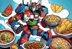 Voltron eating a bowl of ramen and some tacos tattoo idea