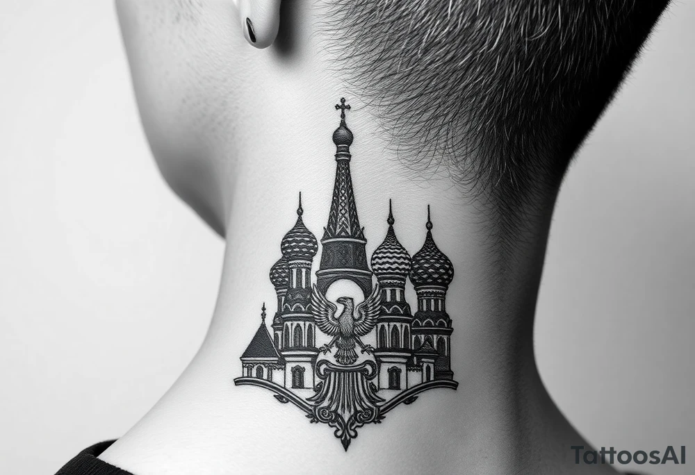 St. George 
3 russian imperial crowns above the Russian coat of arms double eagle
Russian sabre
The Kremlin or St. Basil's Cathedral scene 
on the side of my neck tattoo idea