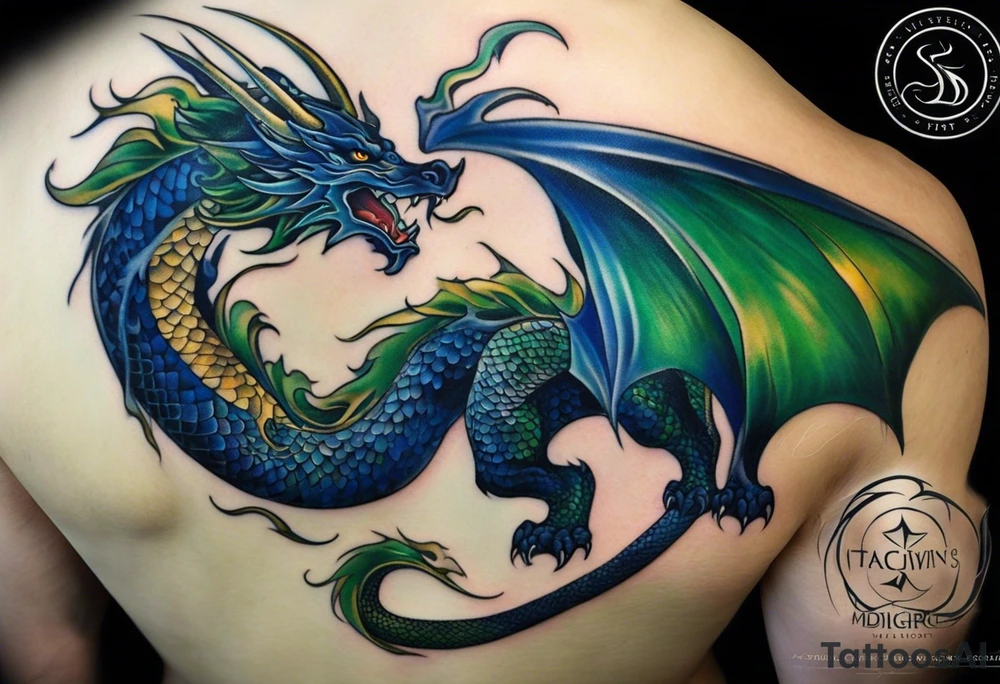 Surrealistic Tattoo: An epic with no wings, floating. Its long body coiling dynamically, with scales and horns detailed to create a sense of movement and strength. The dragon's main color is midnight blue but features little accents in green, blue, and gold, giving a vibrant depth and a mystical aura. This tattoo highlights the dragon’s fierce expression and sharp claws as it wraps protectively around the leg. Style: Surrealism tattoo idea
