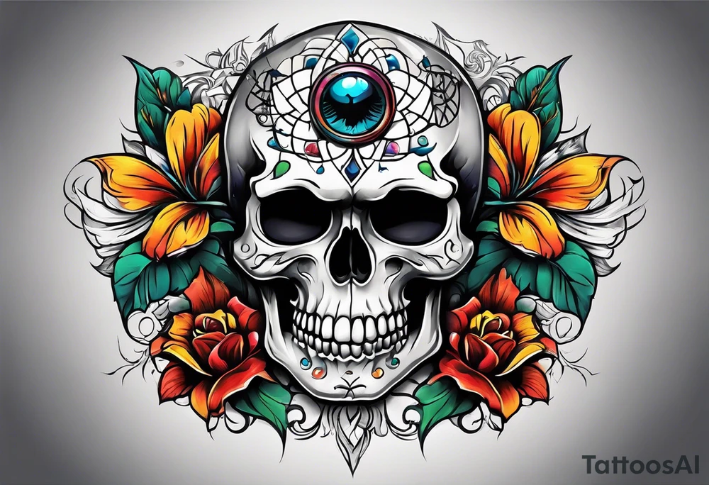 Bright bold Neo traditional realistic broken skull with third eye tattoo idea