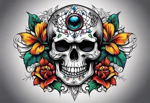 Bright bold Neo traditional realistic broken skull with third eye tattoo idea