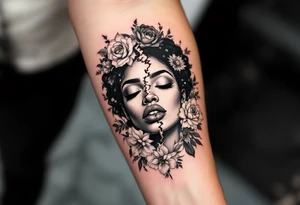 Broken black woman pieced back together surrounded by flowers tattoo idea