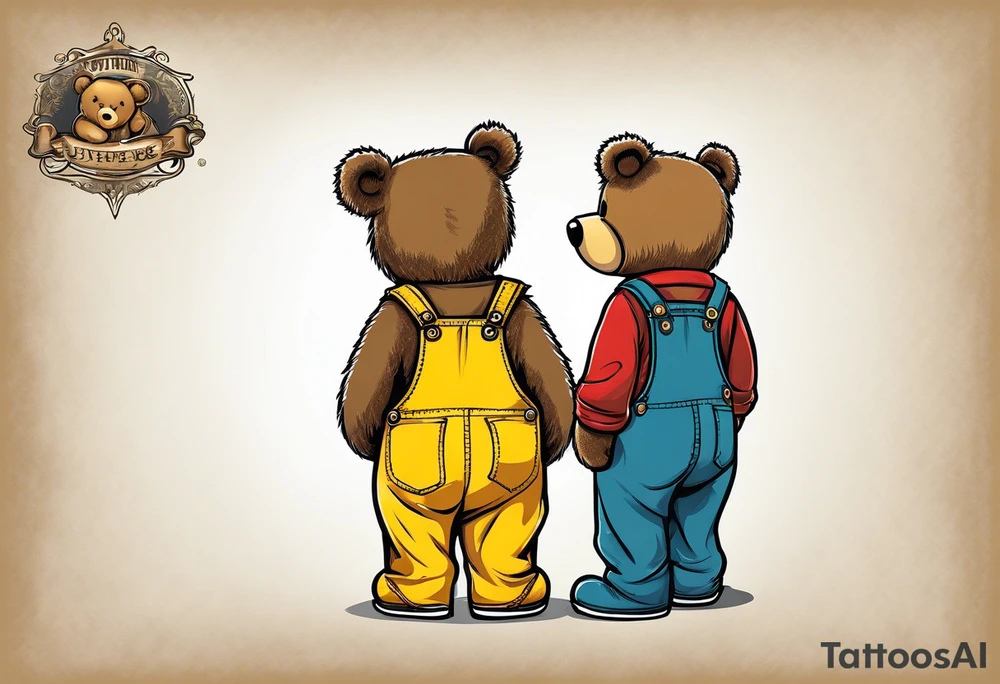the back of one standing, skinny, brown ,
teddy bear in long, yellow overalls tattoo idea