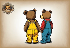 the back of one standing, skinny, brown ,
teddy bear in long, yellow overalls tattoo idea