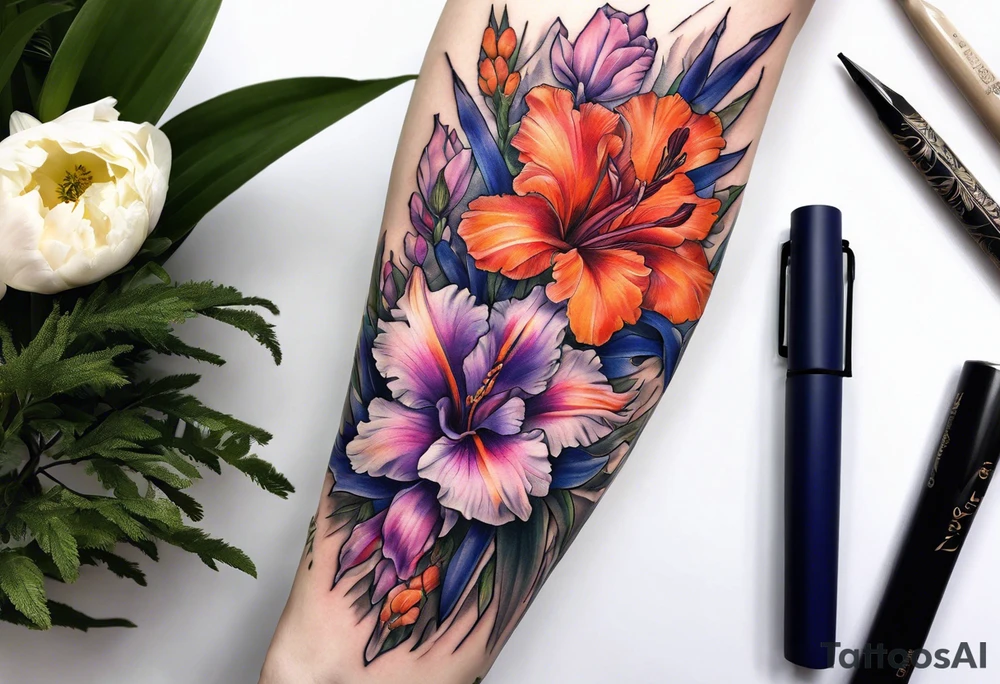 half arm sleeve. floral tattoo of purple gladiolous flowers, pink peonies, red hawthorns, orange marigold, navy blue sweet peas, and white paper white narcissus tattoo idea