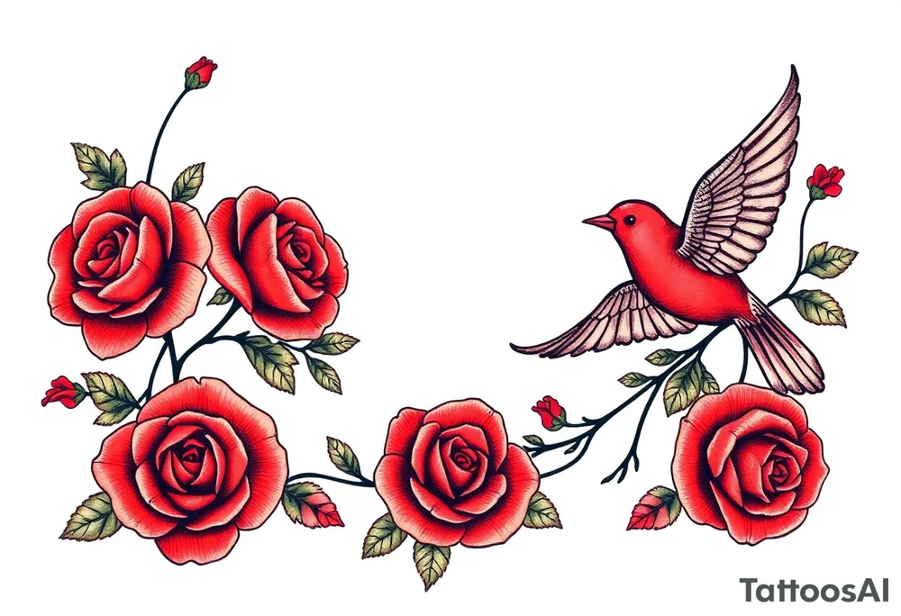 Vintage lace, red roses, red birds, vintage, wrap around, tighter together, no space open tattoo idea