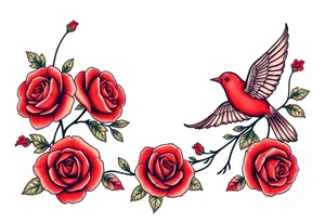 Vintage lace, red roses, red birds, vintage, wrap around, tighter together, no space open tattoo idea