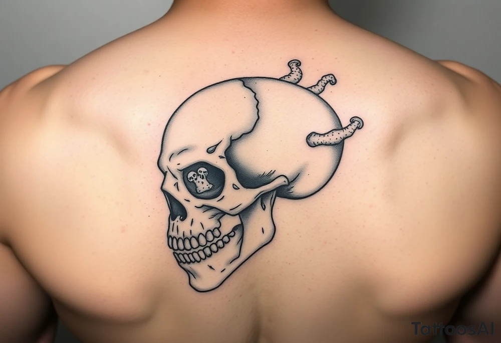 left side of a skull with fungus out of its eyes and mouth tattoo idea