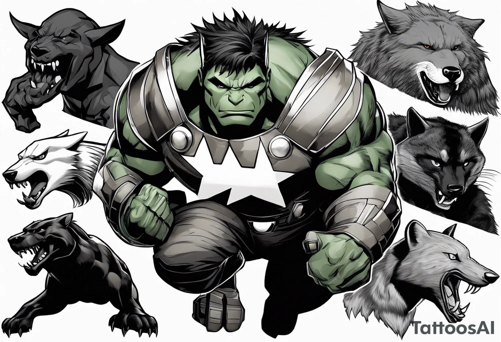 I want to change Avengers characters with animals. Hulk will be Badger, Thor will be Alpha Grey Wolf, Captain America will be Bull, Iron Man will be Canary, Black Widow will be Axolotl, Hawk Eye will be Sudan Plated Lizard and Nick Fury will be Cat tattoo idea