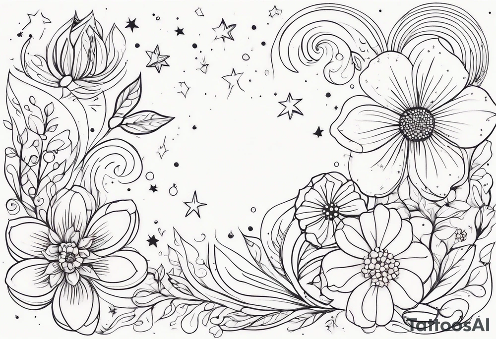 fine line floral with stars, swirls, dots tattoo idea