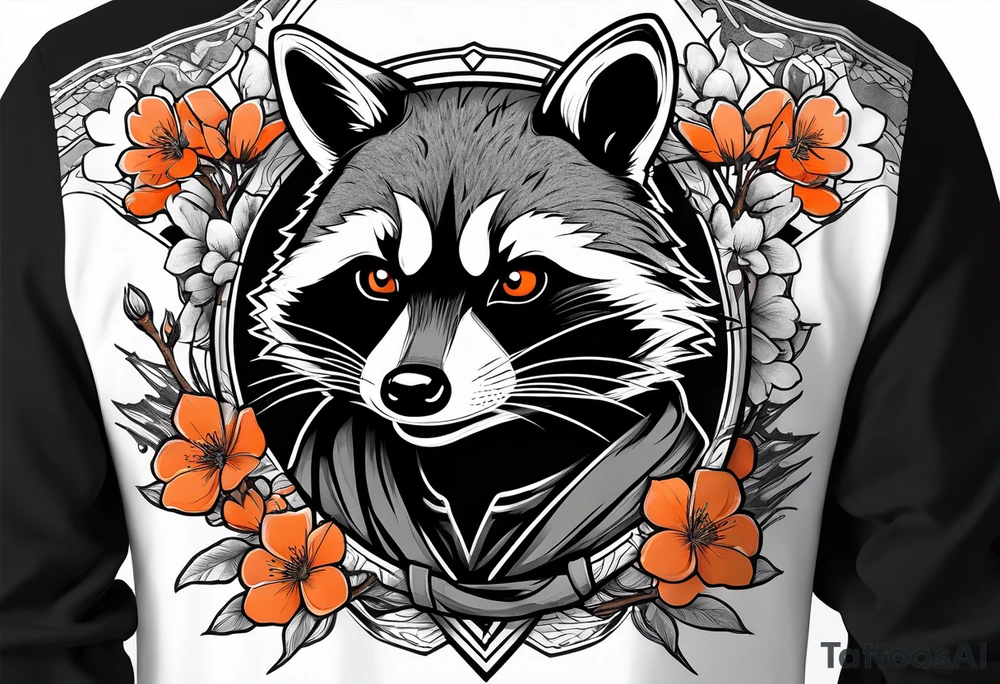 Raccoon wearing a white Superman logo on a black hoodie and orange Japanese cherry blossoms beside tattoo idea
