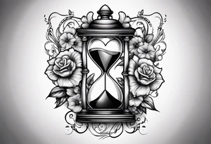 Hour glass and flowers and a heart clock tattoo idea