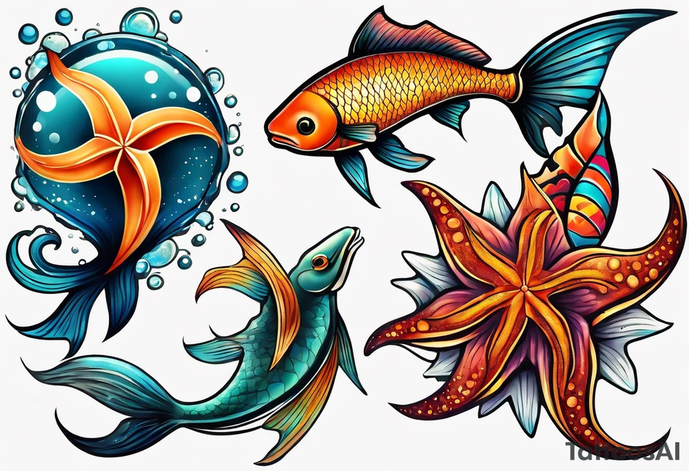 set of 3 star fish of with 3 different bright colors and 3 different shapes mixed with brightly covered salmon tattoo idea