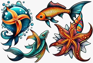 set of 3 star fish of with 3 different bright colors and 3 different shapes mixed with brightly covered salmon tattoo idea