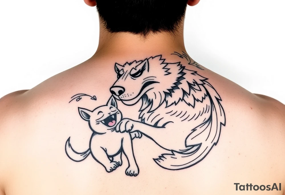 Japanese Fô dog with baby Fô dog under her paw with wind elements around tattoo idea