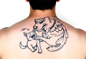 Japanese Fô dog with baby Fô dog under her paw with wind elements around tattoo idea