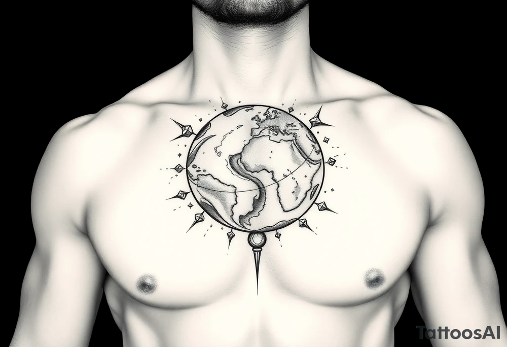 Un torso poderoso que sostiene una esfera cósmica agrietada, representando el peso del mundo.

Puede ir en el centro del pectoral o cruzarlo diagonalmente.

Fondo: constelaciones o el Olimpo en ruinas. tattoo idea