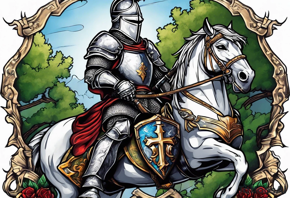 knight holding a bible over his head in combat with both hands tattoo idea