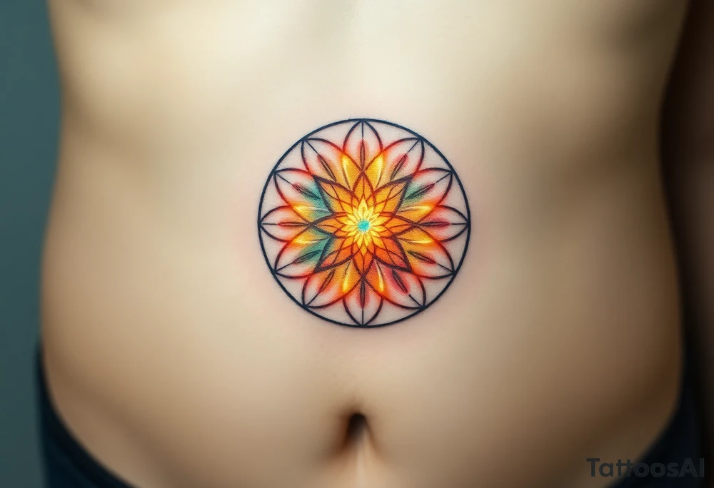 A floating Flower of Life with a glowing aura in round cyrcle, appearing as if suspended in space tattoo idea