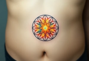 A floating Flower of Life with a glowing aura in round cyrcle, appearing as if suspended in space tattoo idea