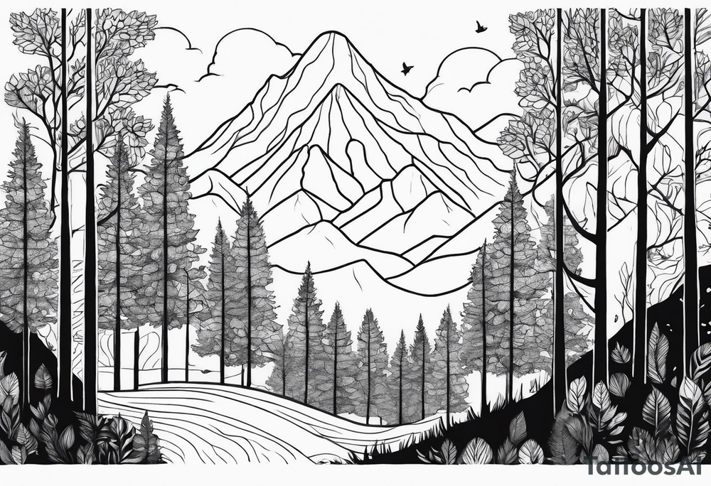 Draw me a Magical forest with s lot of trees in 2D and every tree is black and you see every treetop tattoo idea