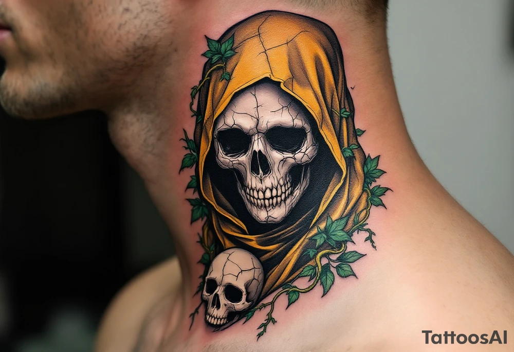 A golden-caped Grim Reaper surrounded by emerald vines and a cracked skull mask. tattoo idea