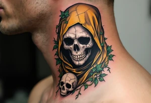 A golden-caped Grim Reaper surrounded by emerald vines and a cracked skull mask. tattoo idea