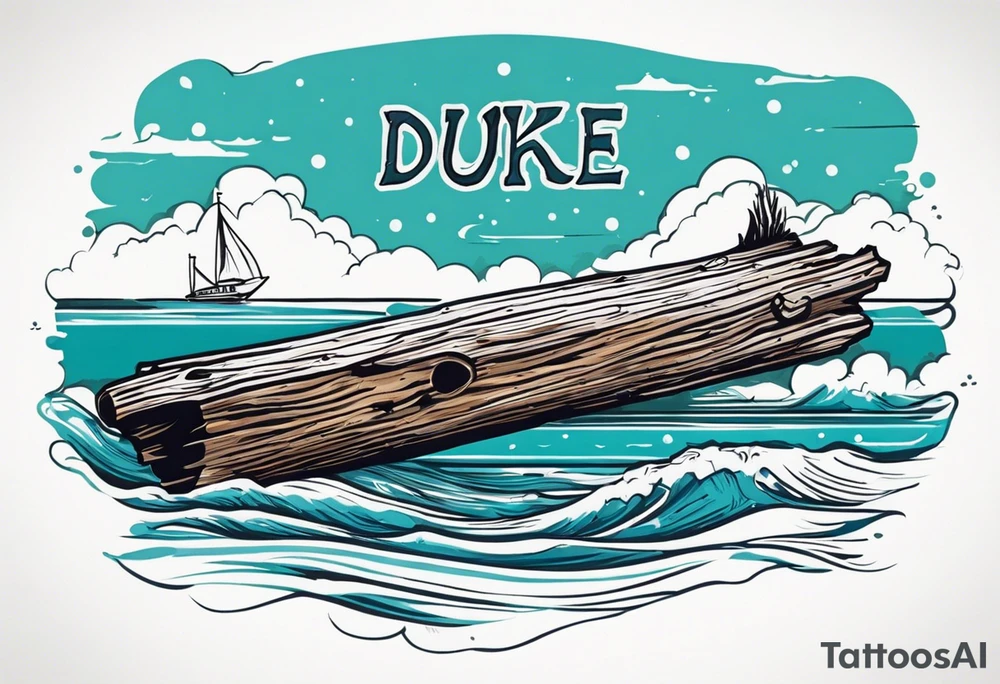 piece of driftwood underwater with duke written in the wood tattoo idea
