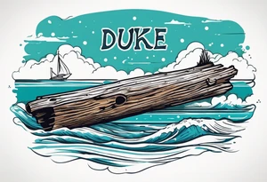 piece of driftwood underwater with duke written in the wood tattoo idea