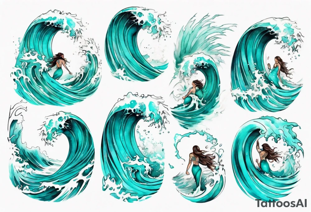 a crashing wave that turns into a turquoise woman tattoo idea