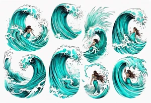 a crashing wave that turns into a turquoise woman tattoo idea