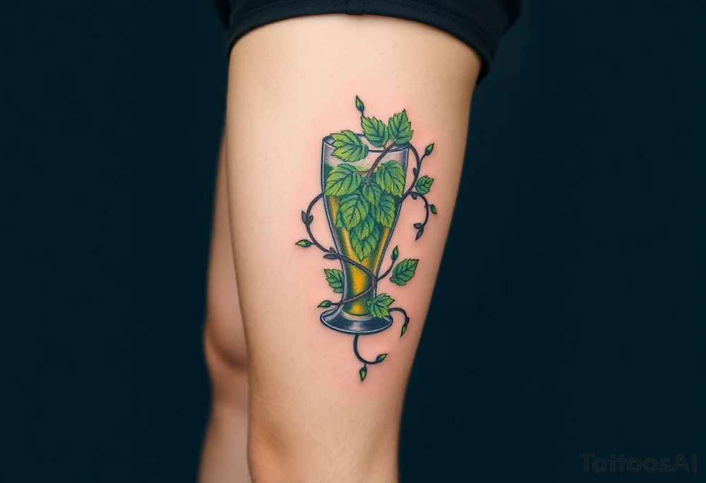 A hop vine wrapping around a pint glass, with delicate tendrils and leaves in vibrant green shades tattoo idea