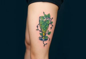 A hop vine wrapping around a pint glass, with delicate tendrils and leaves in vibrant green shades tattoo idea