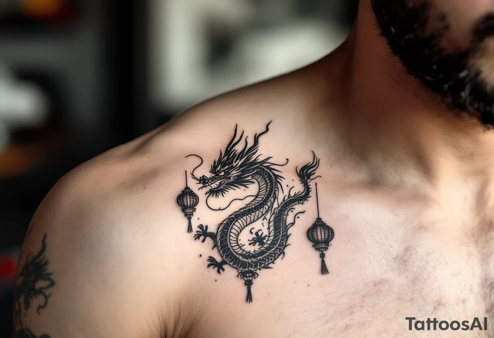 Chinese dragon flying towards the sky surrounded by chinese lanterns tattoo idea