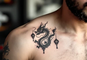 Chinese dragon flying towards the sky surrounded by chinese lanterns tattoo idea