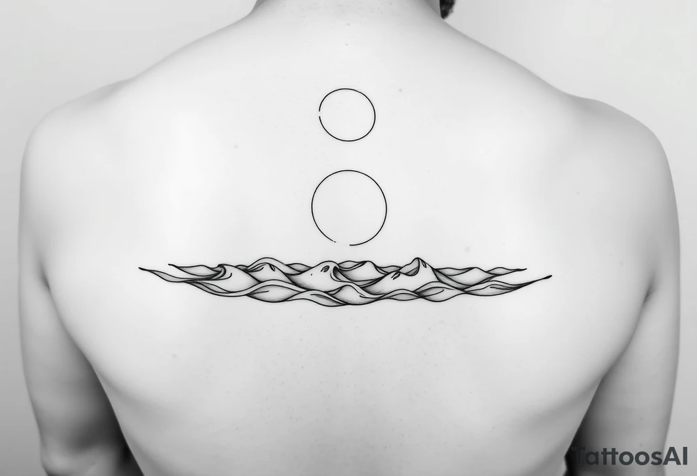 Wrap-around forearm tattoo, black and white line art. Calm sea waves and horizon, sun or moon above with subtle Norse runes (Algiz, Raido). Balanced, elegant, marine and mythological. Clean outlines, high contrast, stencil-ready. tattoo idea