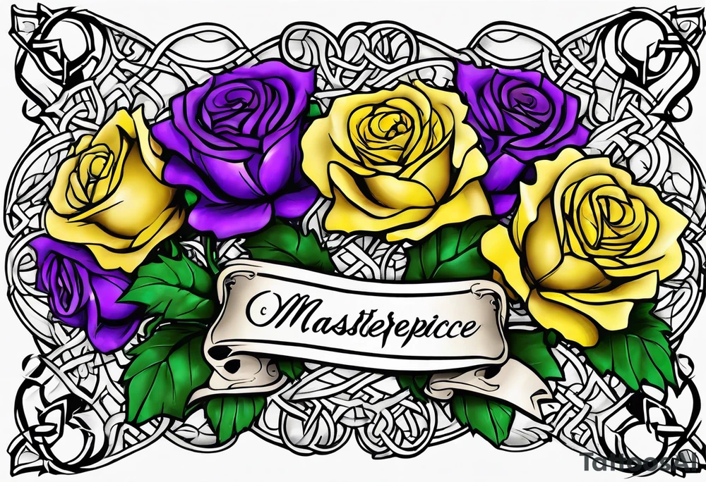 Purple thistle, yellow rose and shamrock with stems intertwined spelling KND in celtic lettering tattoo idea
