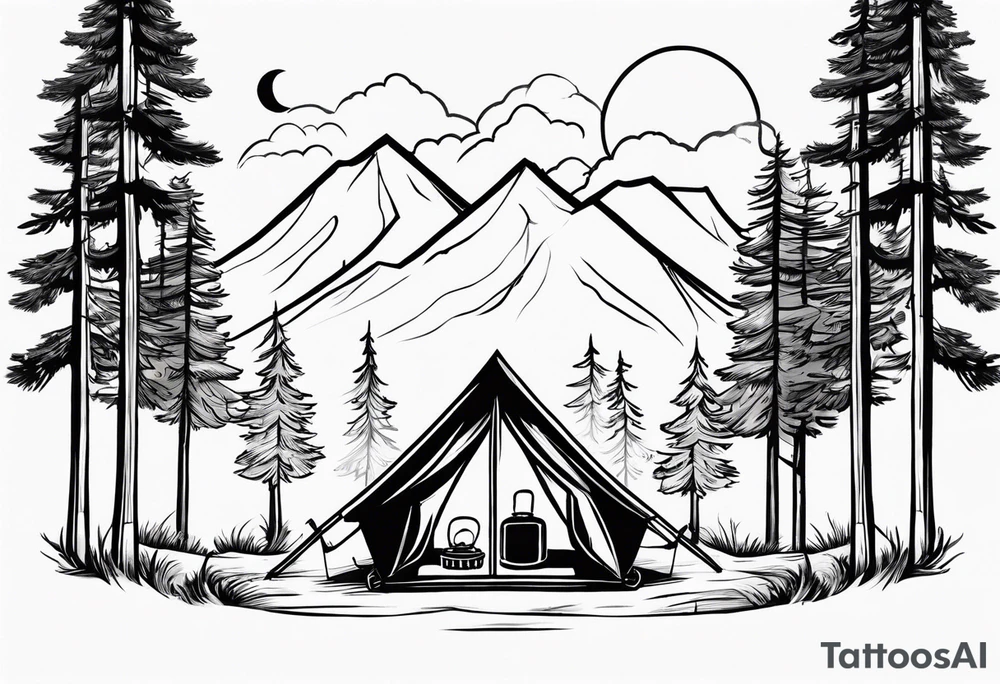 Campground with a small tent and small fire pit with smoke going into the sky. Forest of trees surrounding it with 3 large pine trees being the focus in the background. tattoo idea