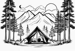 Campground with a small tent and small fire pit with smoke going into the sky. Forest of trees surrounding it with 3 large pine trees being the focus in the background. tattoo idea